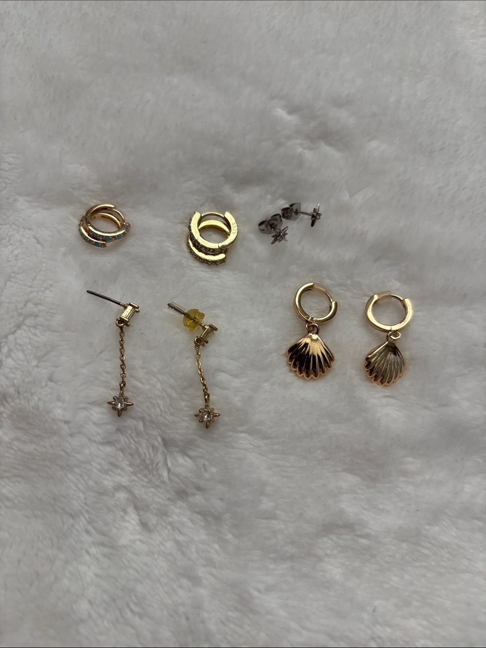 Gold Color Shell Drop Hoop and Stud Earrings 5 pairs